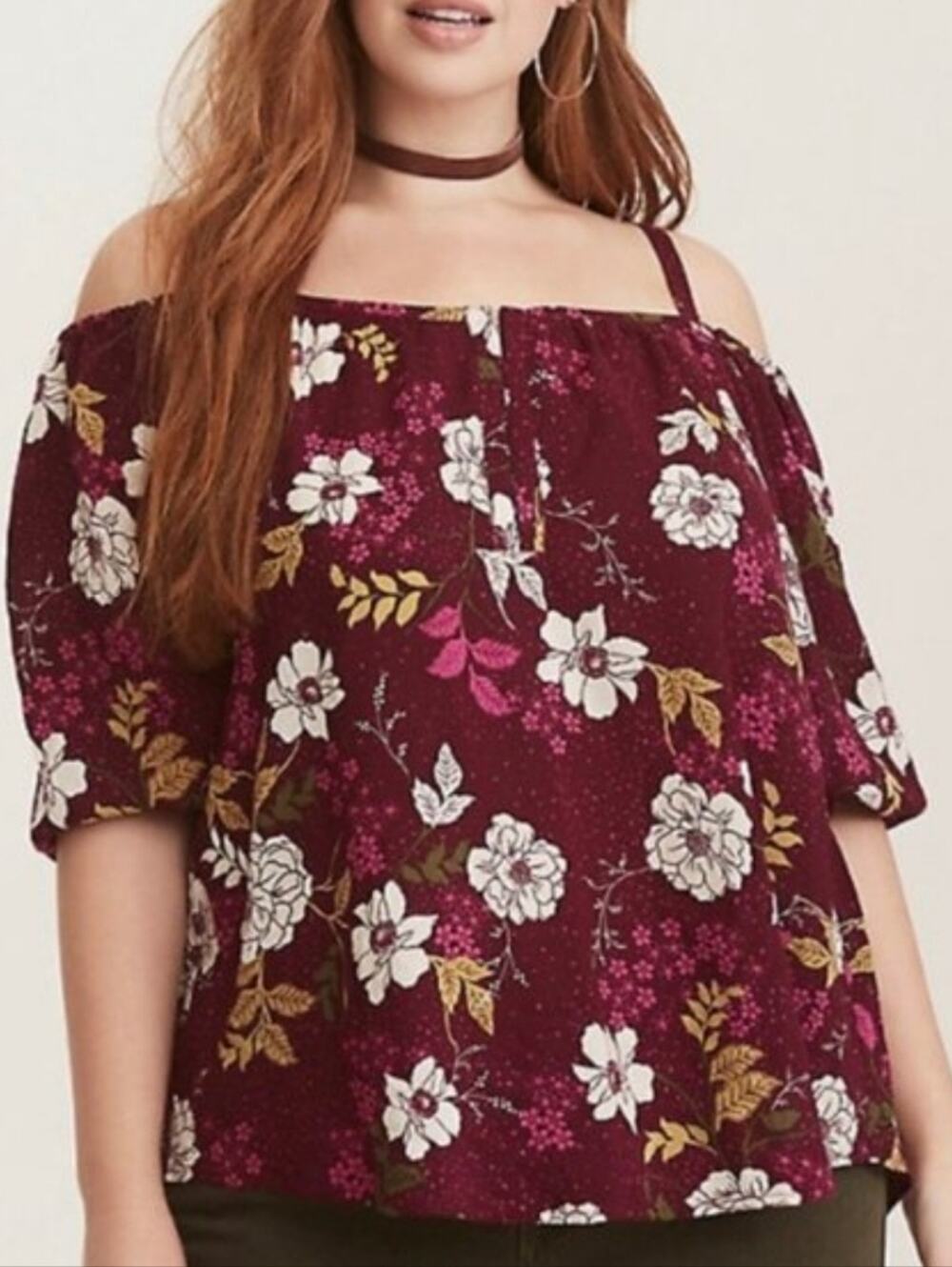 Torrid Cranberry Floral Spaghetti Strap Cold Shoulder Blouse Size 2/2x